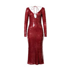 Robe midi rouge à sequins Bardot, bretelles et dos nu