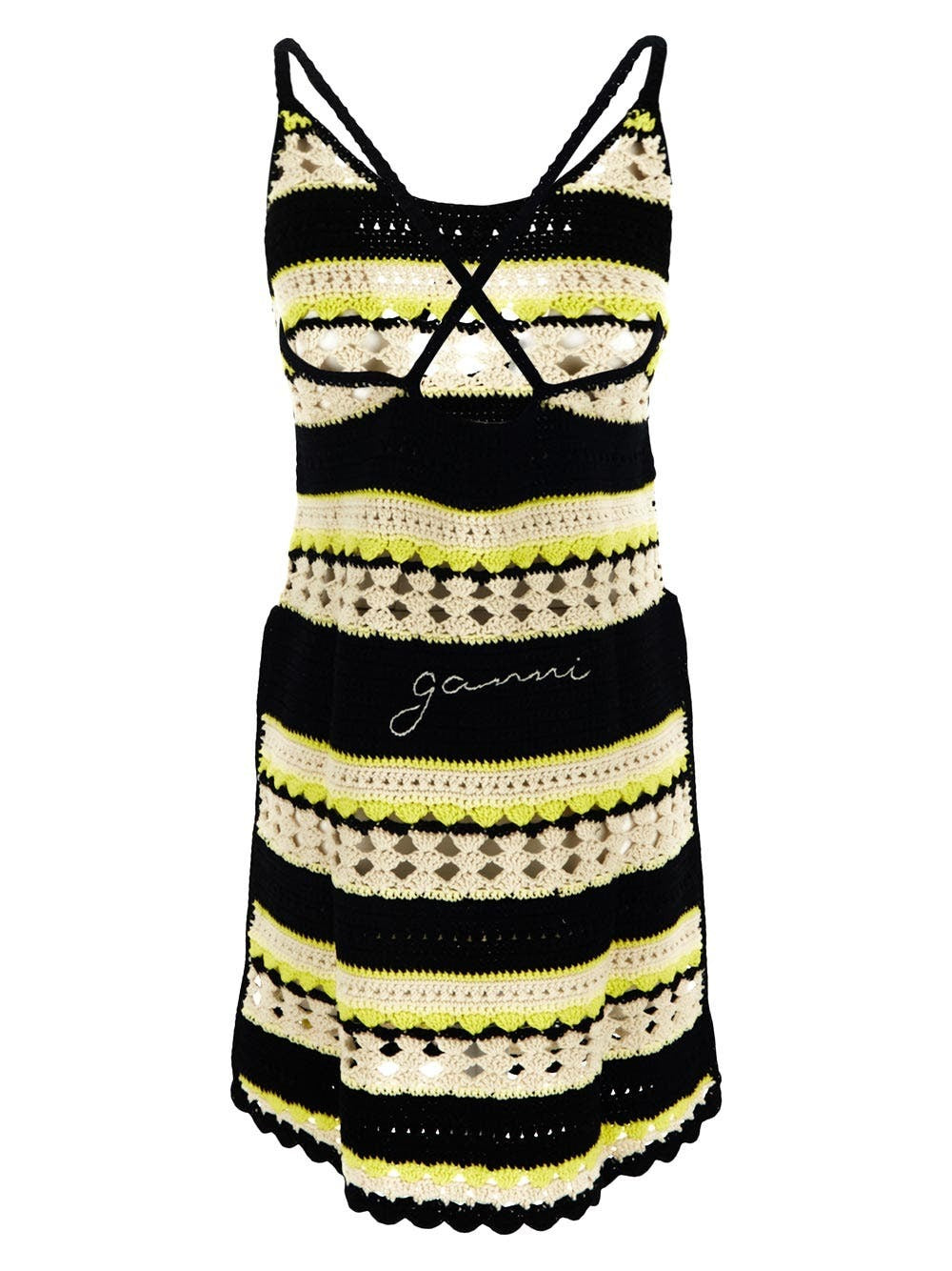 Ganni Logo Crochet Striped Strappy Mini Dress