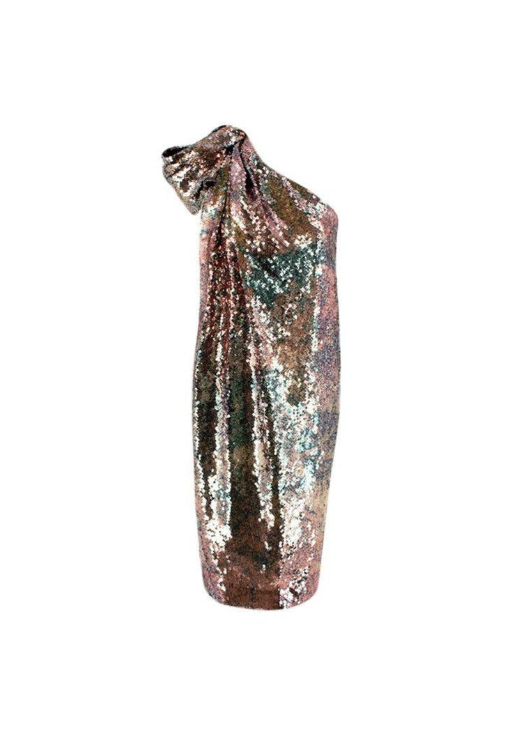 Halpern Sequinned One Shoulder Rainbow Party Dress