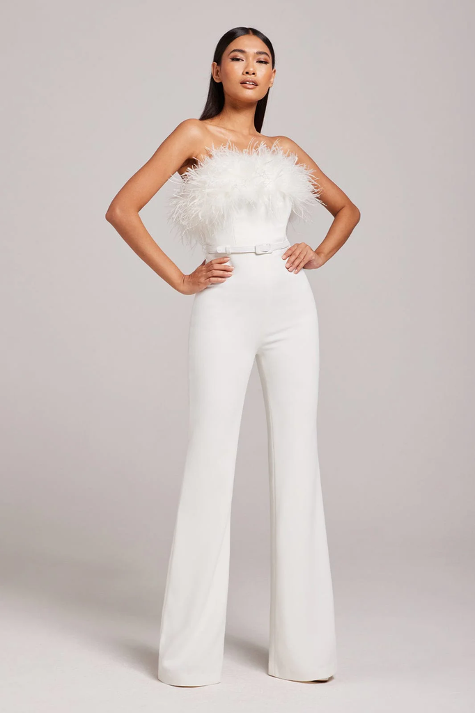 NADINE MERABI Colette White Corseted Strapless Feather Trim Jumpsuit - House Of Huntington