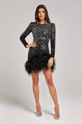 Nadine Merabi Black Lexi Beaded Embellished Feather Hem Mini Dress