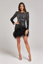 Nadine Merabi Black Lexi Beaded Embellished Feather Hem Mini Dress