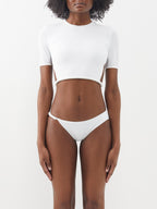 CHRISTOPHER ESBER White Seed Bead Embroidered Backless Tie-Up Bikini Top - House Of Huntington