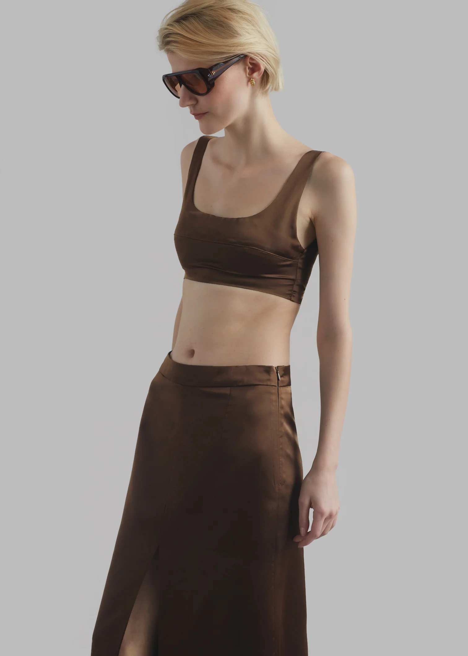 The Frankie Shop Kacey Brown Satin Split Front Midi Skirt