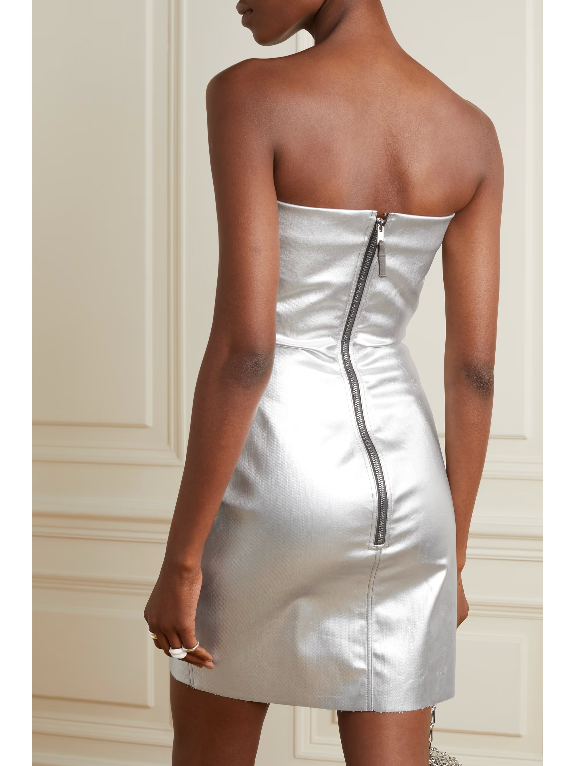 Rick Owens Metallic Coated Denim Bustier Strapless Party Mini Dress – House Of Huntington Rick Owens Metallic Coated Denim Bustier Strapless Party Mini Dress – House Of Huntington