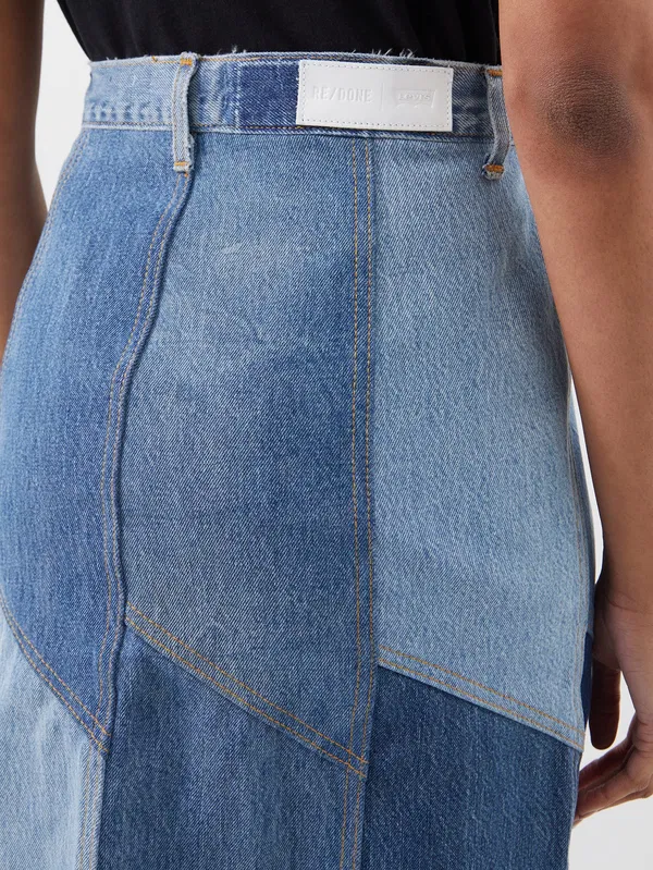 Re/Done Patchwork Denim Midi Skirt