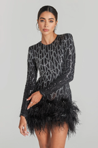 Nadine Merabi Black Lexi Beaded Embellished Feather Hem Mini Dress
