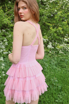 Amy Jane London Pink Iris Lace Coquette Corset Bodice Tiered Ruffle Tulle Hem Mini Dress - House Of Huntington