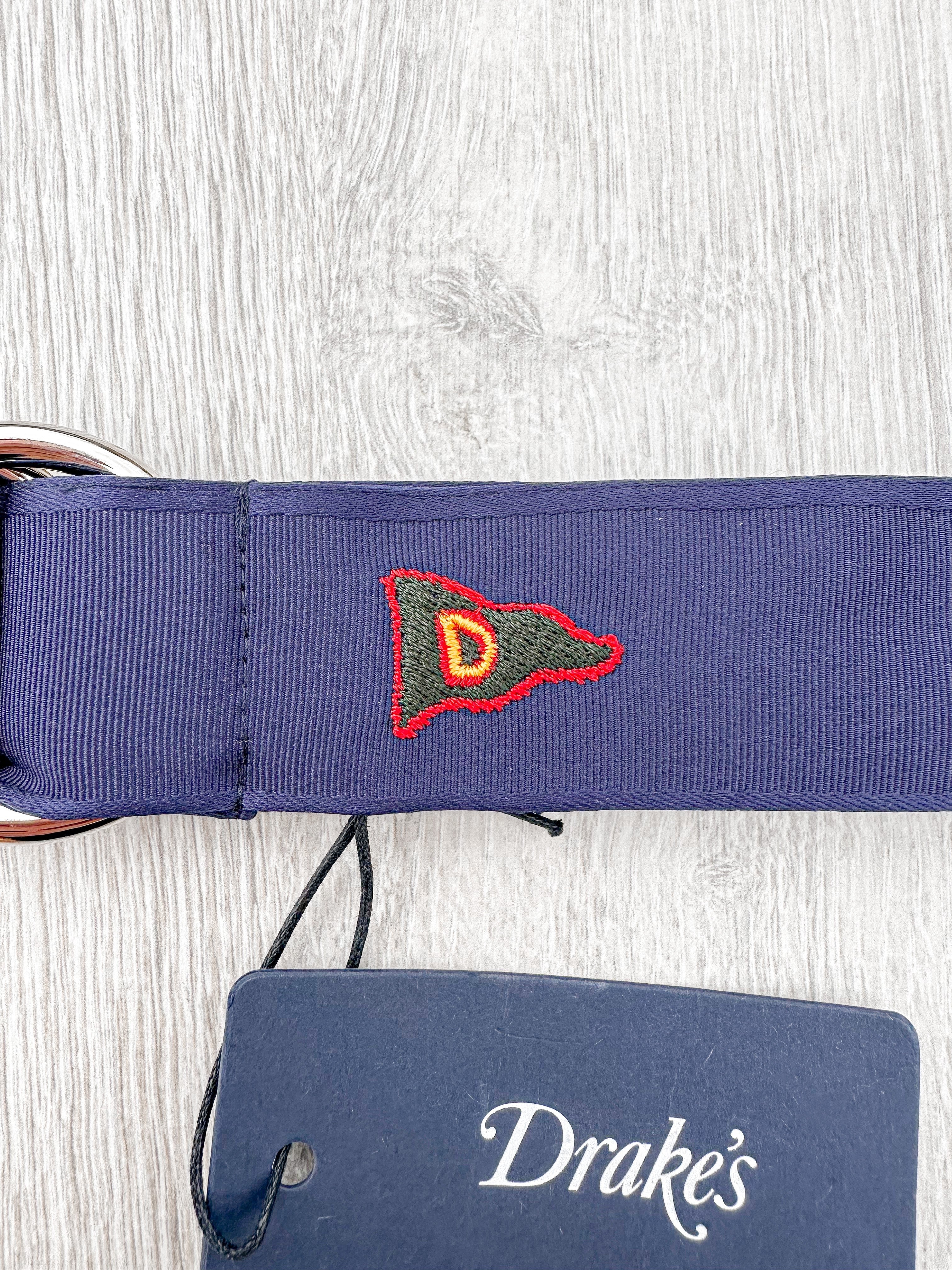 Drake's Navy Blue Belt With Embroidered Pennant Motif - House Of Huntington