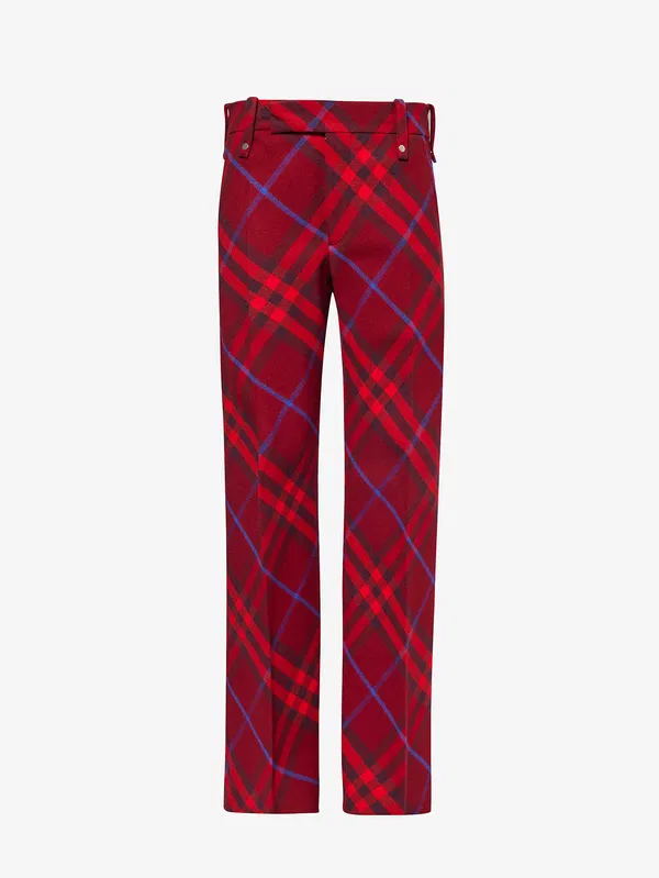 Burberry Checked Red Wool Straight Leg Mid Rise Trousers