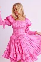 Amy Jane London Esmerelda Hot Pink Puff Sleeve Bow Detail Fitted Laced Bodice Prairie Mini Dress - House Of Huntington