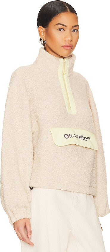 Off-White Logo Spellout Front Beige Teddy Fleece Zip-Up Neck Sweatshirt