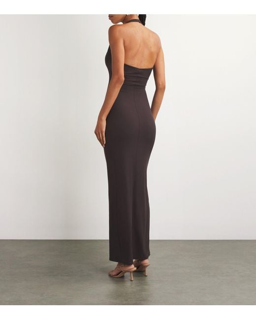 Skims Brown Ribbed Knit Stretch Woven Halterneck Maxi Dress