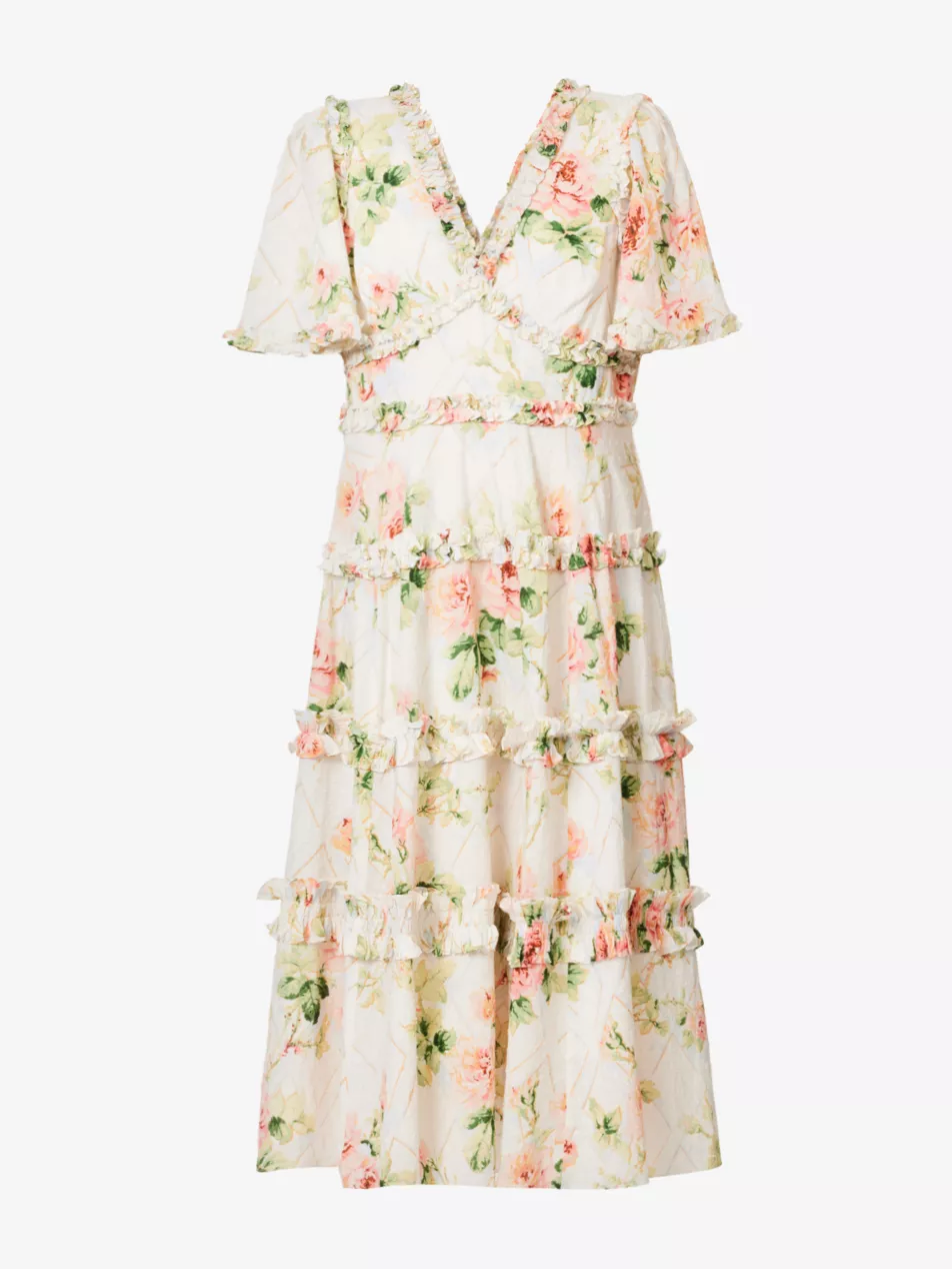 Harlequin Floral Print Ruffle Flutter Sleeve Midi Dress