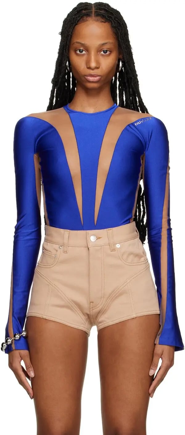 Mugler Alien Illusion Shaping Purple Logo Embossed Bodysuit