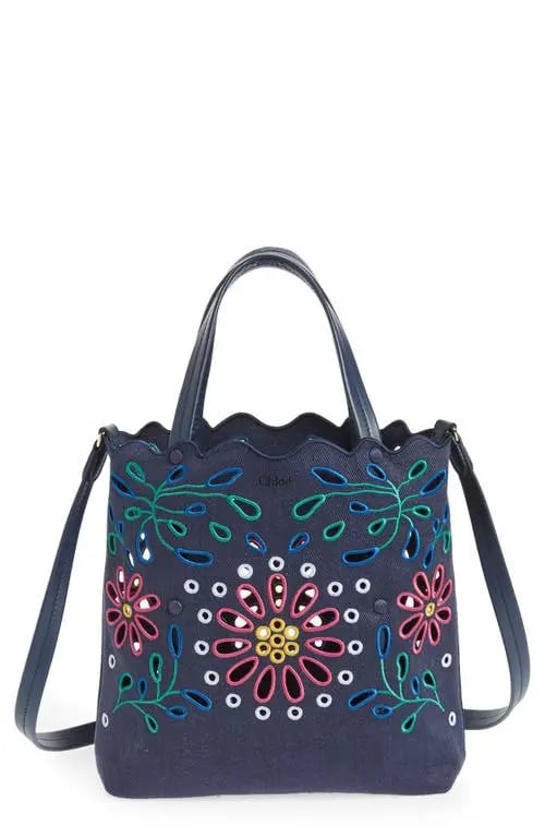 Chloé Kamilla North/South Floral Broderie Anglaise Embroidered Linen Tote Crossbody Handbag