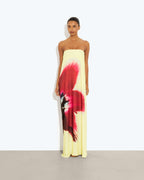 Trägerloses Maxikleid mit Orchideen-Print und Gürteldetail auf der Rückseite – Rat and Boa