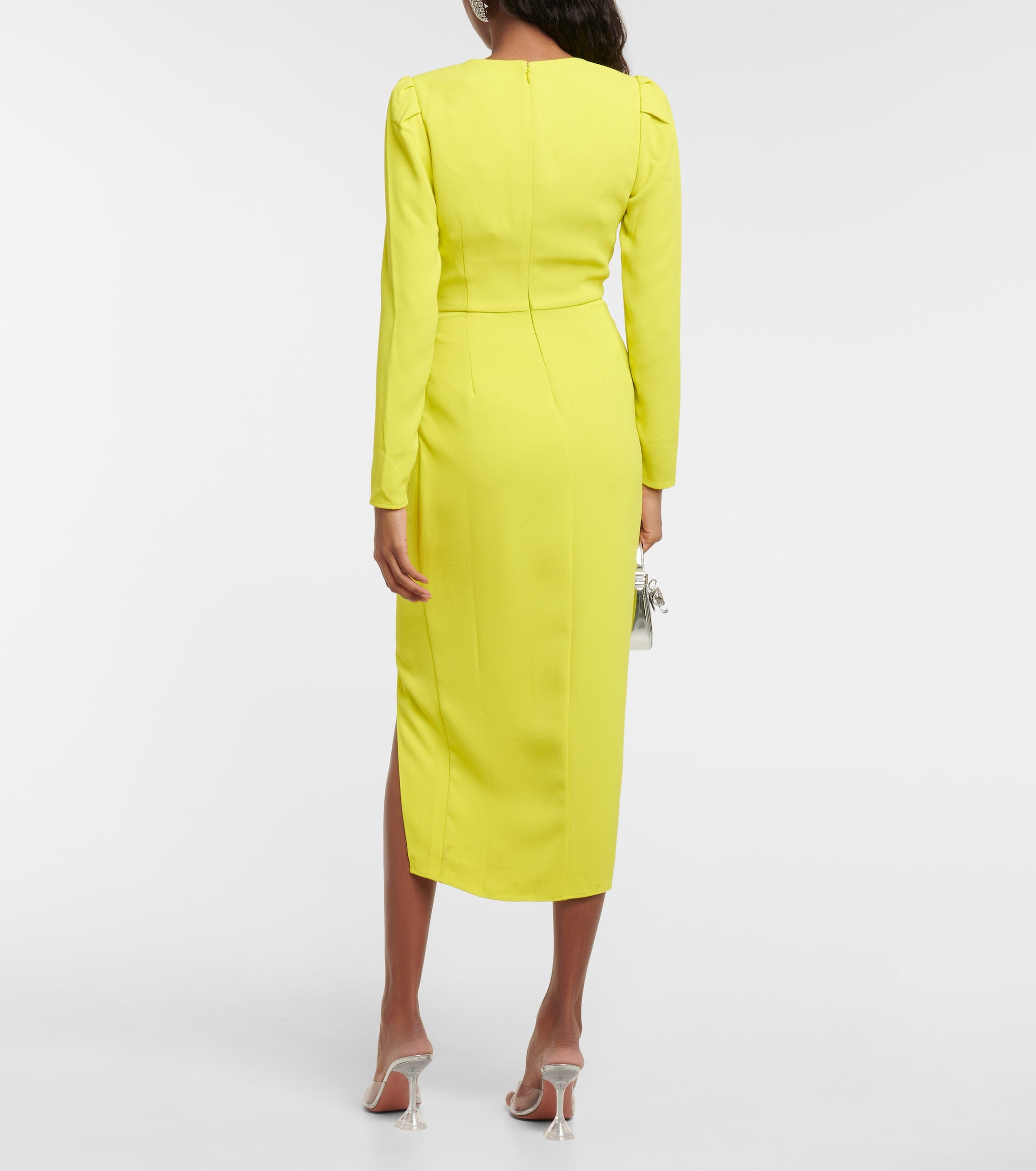 Self-Portrait Lime Green Ruched Crêpe Midi Dress