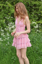 Amy Jane London Pink Iris Lace Coquette Corset Bodice Tiered Ruffle Tulle Hem Mini Dress - House Of Huntington