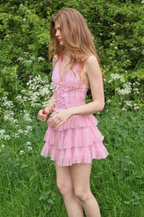 Amy Jane London Pink Iris Lace Coquette Corset Bodice Tiered Ruffle Tulle Hem Mini Dress - House Of Huntington