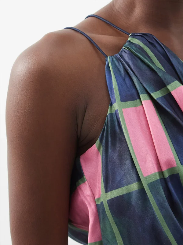 AHLUWALIA Patel One-Shoulder Draped Navy Pink Check Printed Satin Top - House Of Huntington