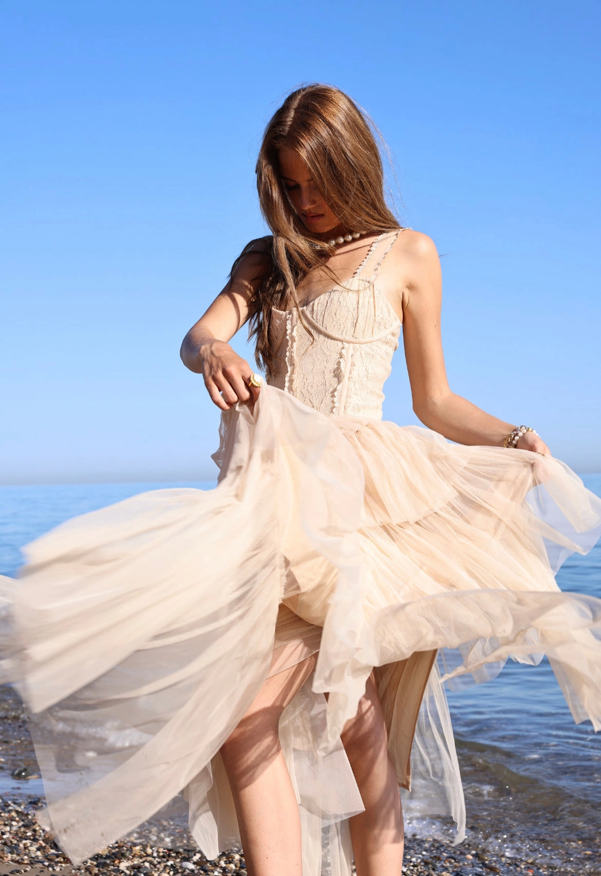 Amy Jane London Champagne Regency Era Corset Bodice Tulle Florence Gown - House Of Huntington