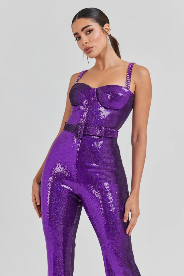 Nadine Merabi Sabrina High Shine Purple Full Sequinned Jumpsuit