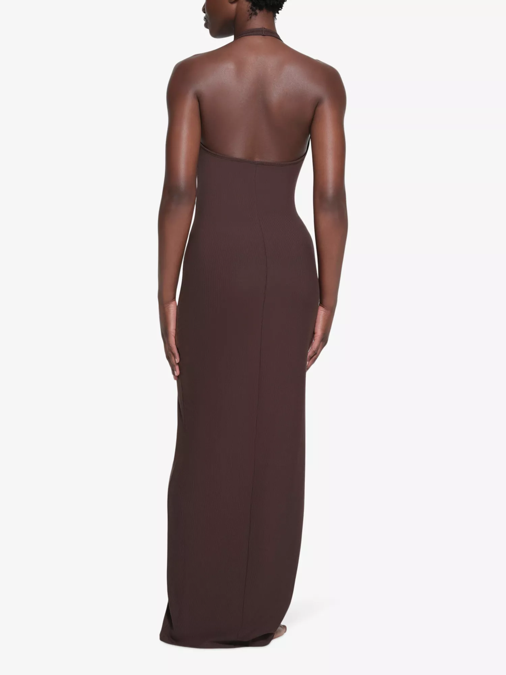 Skims Brown Ribbed Knit Stretch Woven Halterneck Maxi Dress