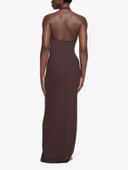 Skims Brown Ribbed Knit Stretch Woven Halterneck Maxi Dress