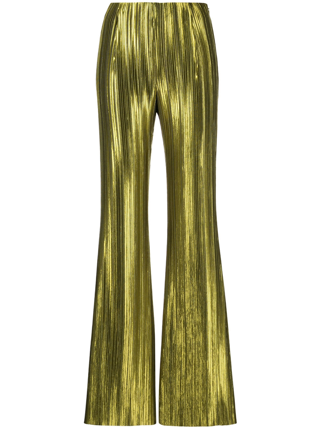 Galvan Olive Green Nuage Shiny Metallic Pleated Flared Trousers