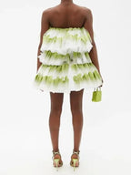 Halpern Shimmery Green Tiered Tulle Poofy Ruffle Strapless Mini Dress