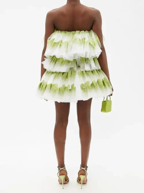 Halpern Shimmery Green Tiered Tulle Poofy Ruffle Strapless Mini Dress