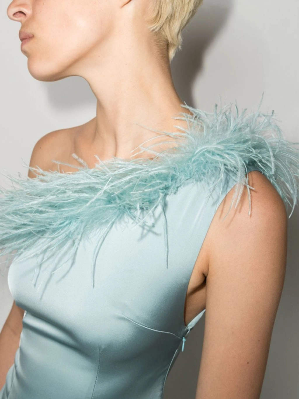 De La Vali Blue Satin Finca Feather Trim One Shoulder Gown Dress