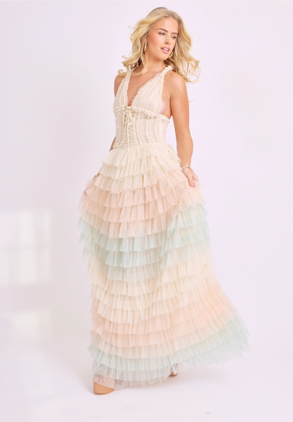Amy Jane London Iris Dusty Corset Bodice Ruffle Tulle Layered Fairytale Gown - House Of Huntington