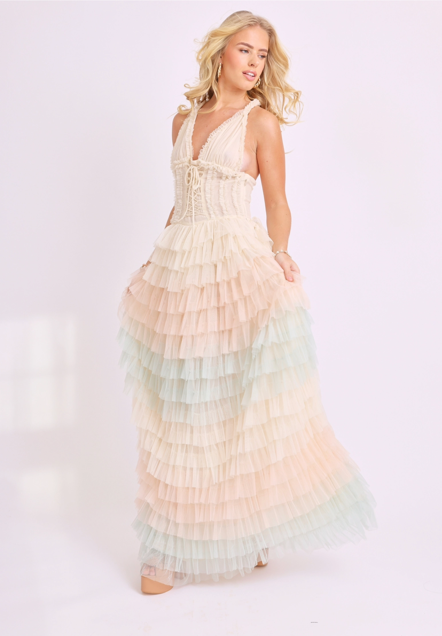 Amy Jane London Iris Dusty Corset Bodice Ruffle Tulle Layered Fairytale Gown - House Of Huntington