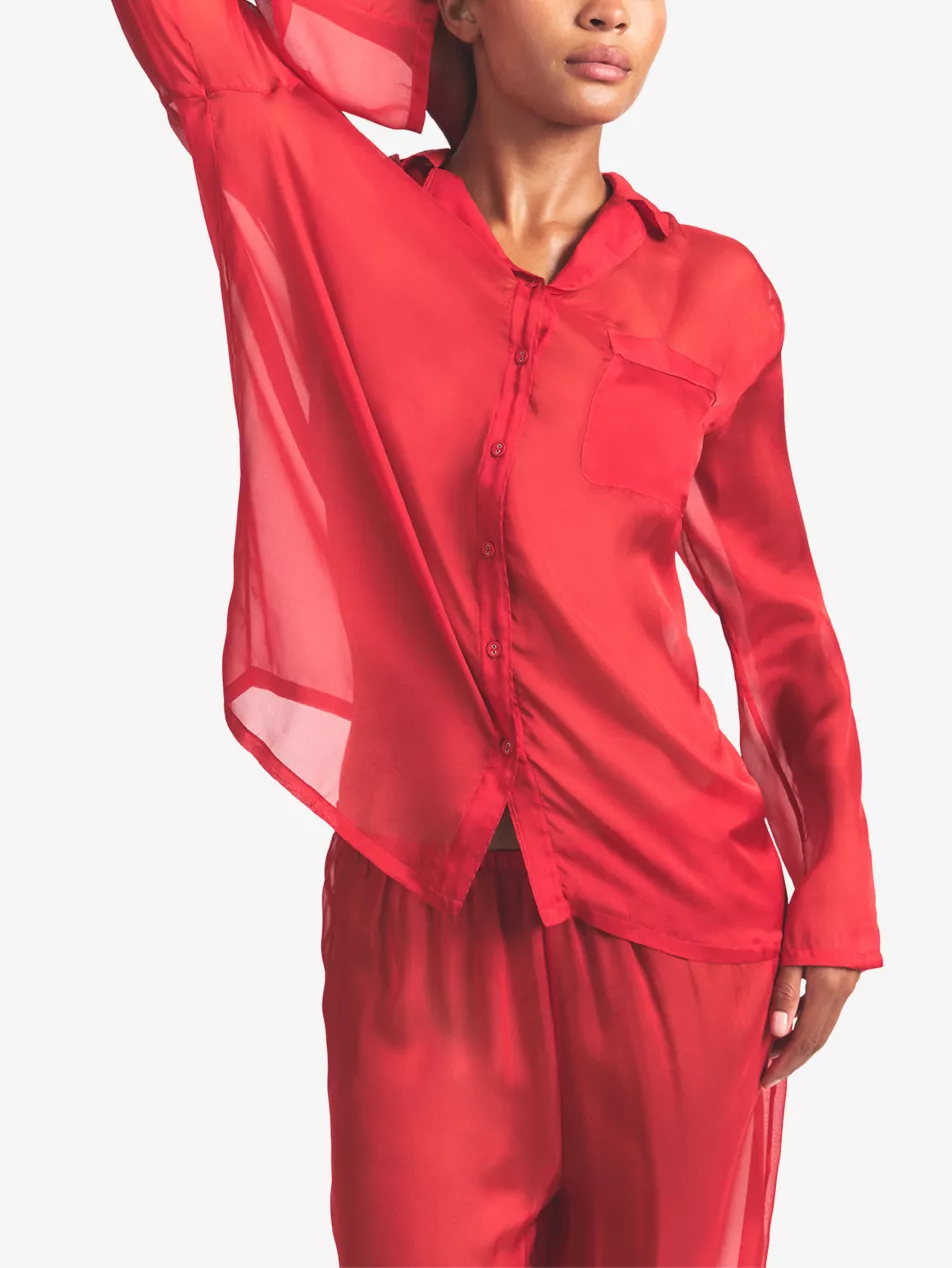 Skims Red Sheer Silk Button-Up Pyjama Shirt Top + Bottoms Set