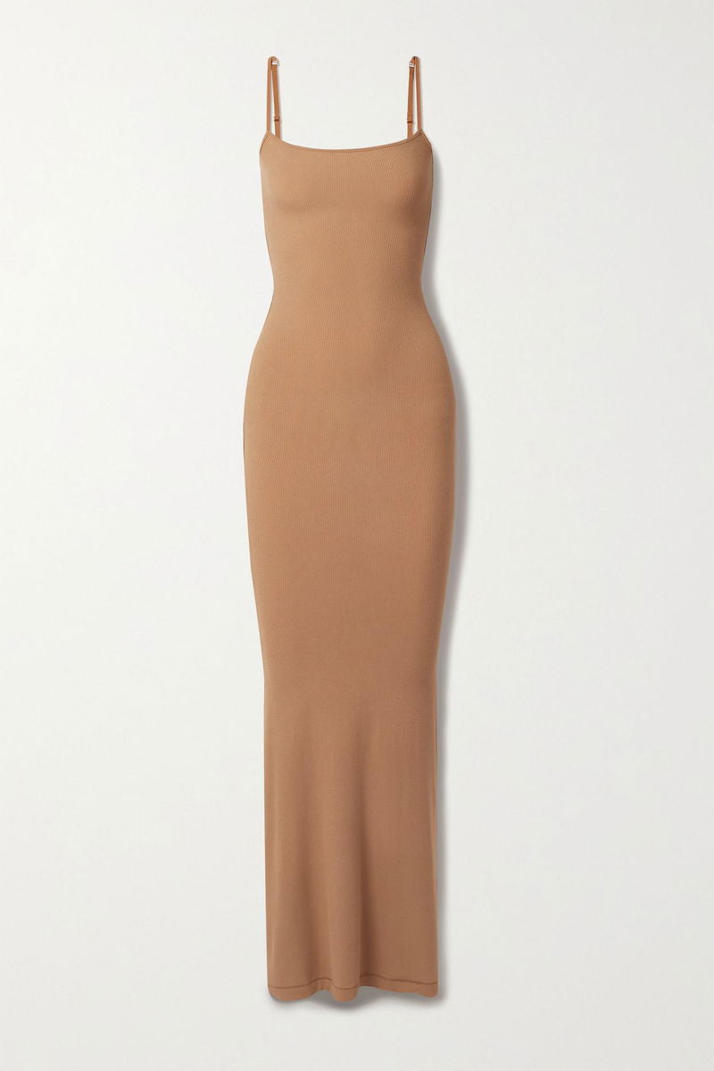 Skims Soft Lounge Ribbed Stretch Modal Slip Camel Brown Dress