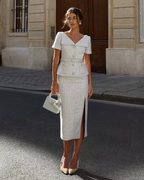 Self-Portrait Blue Boucle Tweed Folded Collar Diamante Button Detail Midi Dress