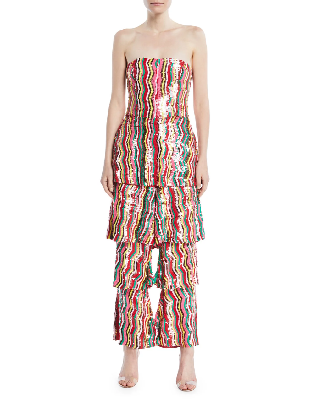 Osman London Rainbow Red Yellow Pink Sequinned Strapless Tiered Flounce Leg Tamina Jumpsuit