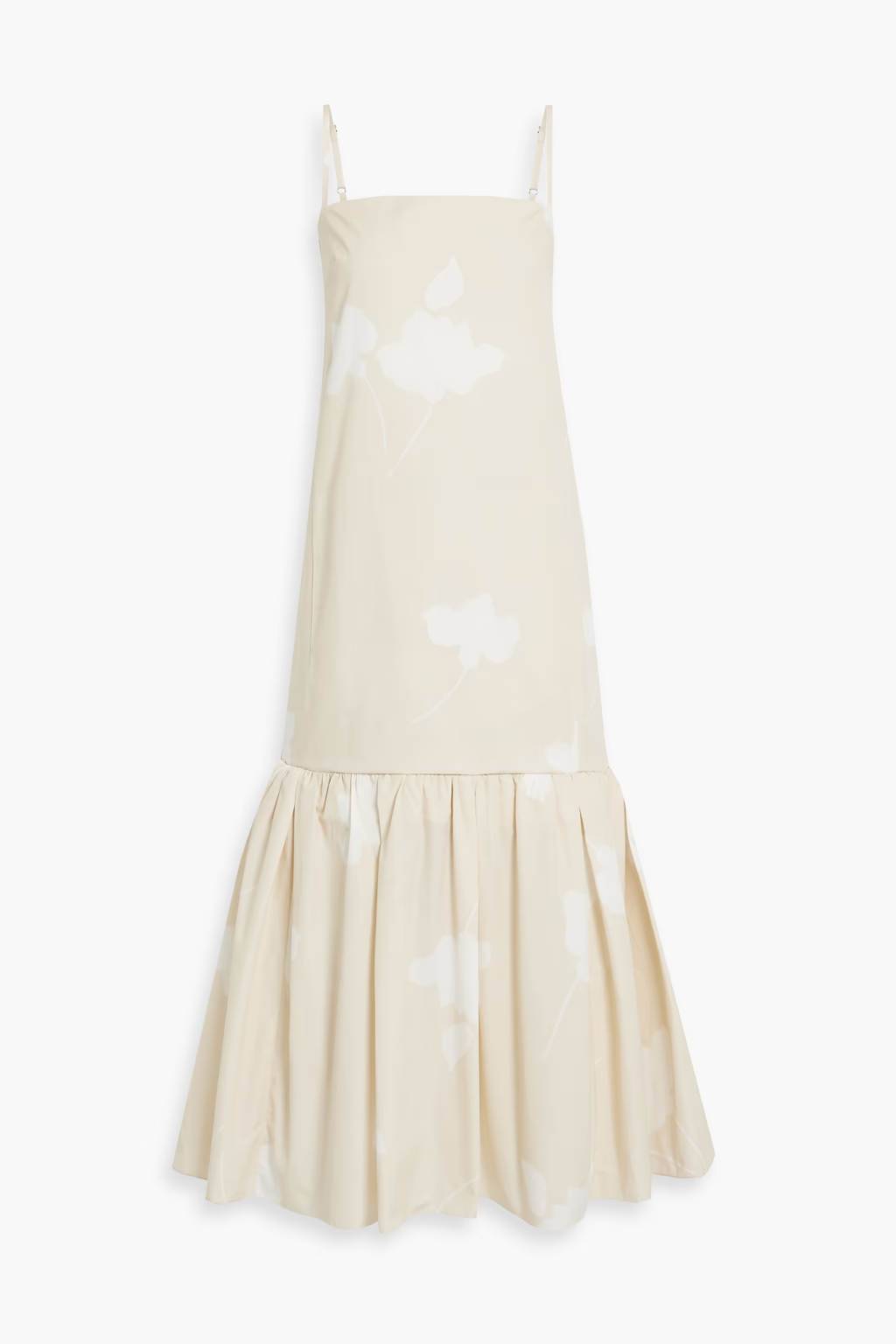 Another Tomorrow Floral Gathered Flounce Hem Cream Organic Cotton Dress