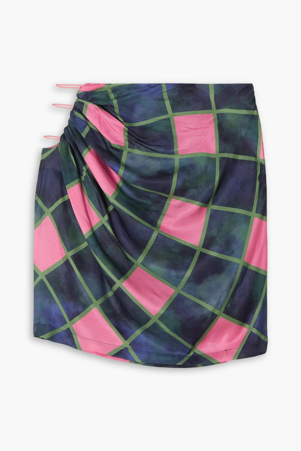 AHLUWALIA Patel Cutout Draped Navy Pink Check Printed Matte-Satin Mini Skirt - House Of Huntington