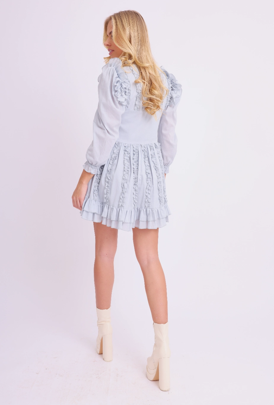 Amy Jane London Blue Annie Ruffle Pleat Detail Puff Sleeve Mini Dress - House Of Huntington