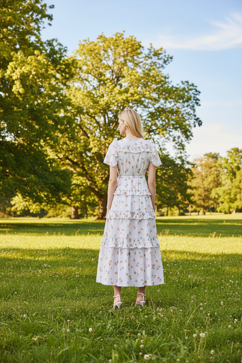 NEEDLE AND THREAD Floral Print Tiered Hem Organic Cotton Midi Dress - House Of Huntington