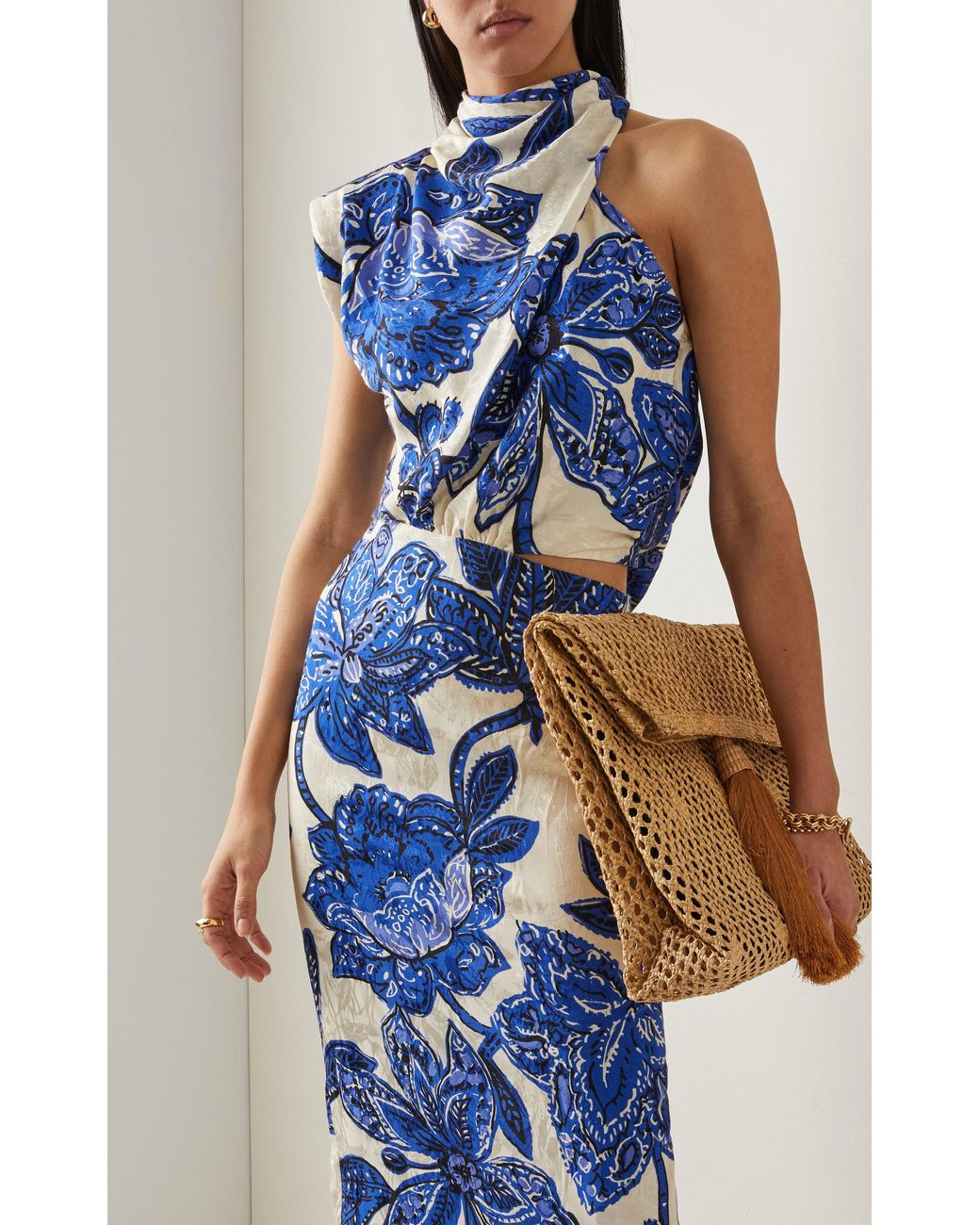 JOHANNA ORTIZ Gotas De Fuego Cutout Draped Floral-Jacquard Blue Midi Dress - House Of Huntington