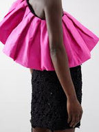 Richard Quinn Margot Pink Ruffle One Shoulder Overlay Black Silk Lace Mini Dress - House Of Huntington