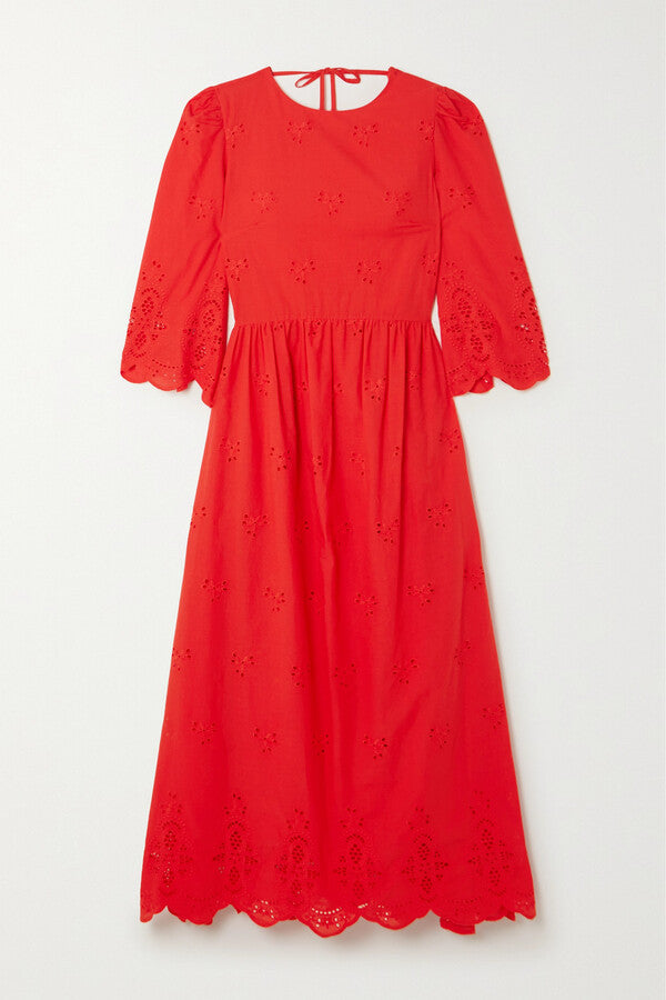Borgo De Nor Red Carla Broderie Anglaise Cotton Maxi Dress