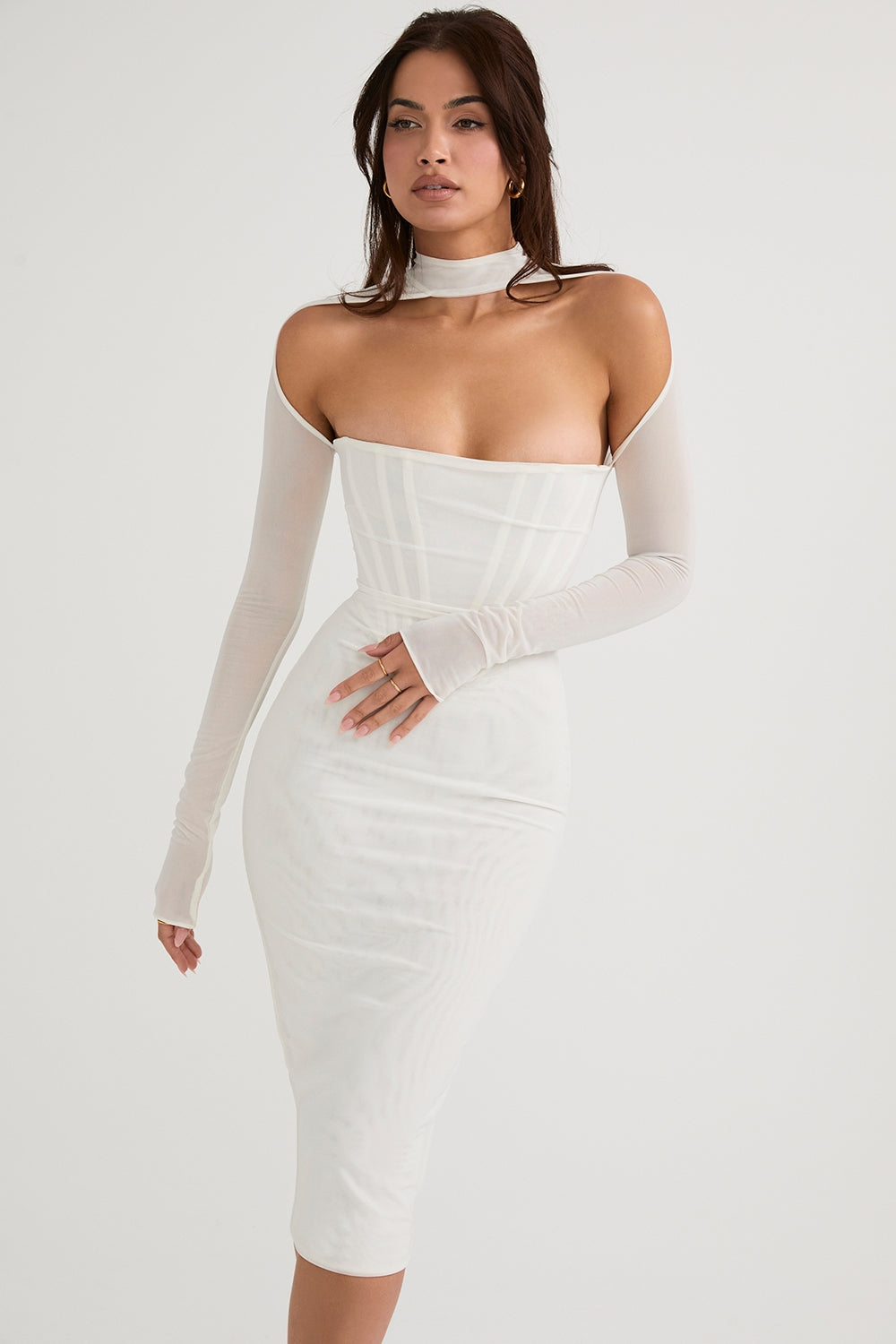 House Of CB Millarose White Mesh Corset Long Sleeve Collared Open Front Midi Dress