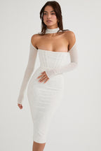 House Of CB Millarose White Mesh Corset Long Sleeve Collared Open Front Midi Dress