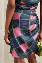 AHLUWALIA Patel Cutout Draped Navy Pink Check Printed Matte-Satin Mini Skirt - House Of Huntington