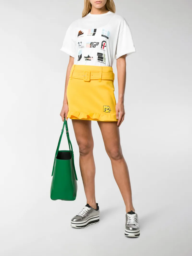 Prada Yellow Ruffle Trim Belted Logo Patch Mini Skirt